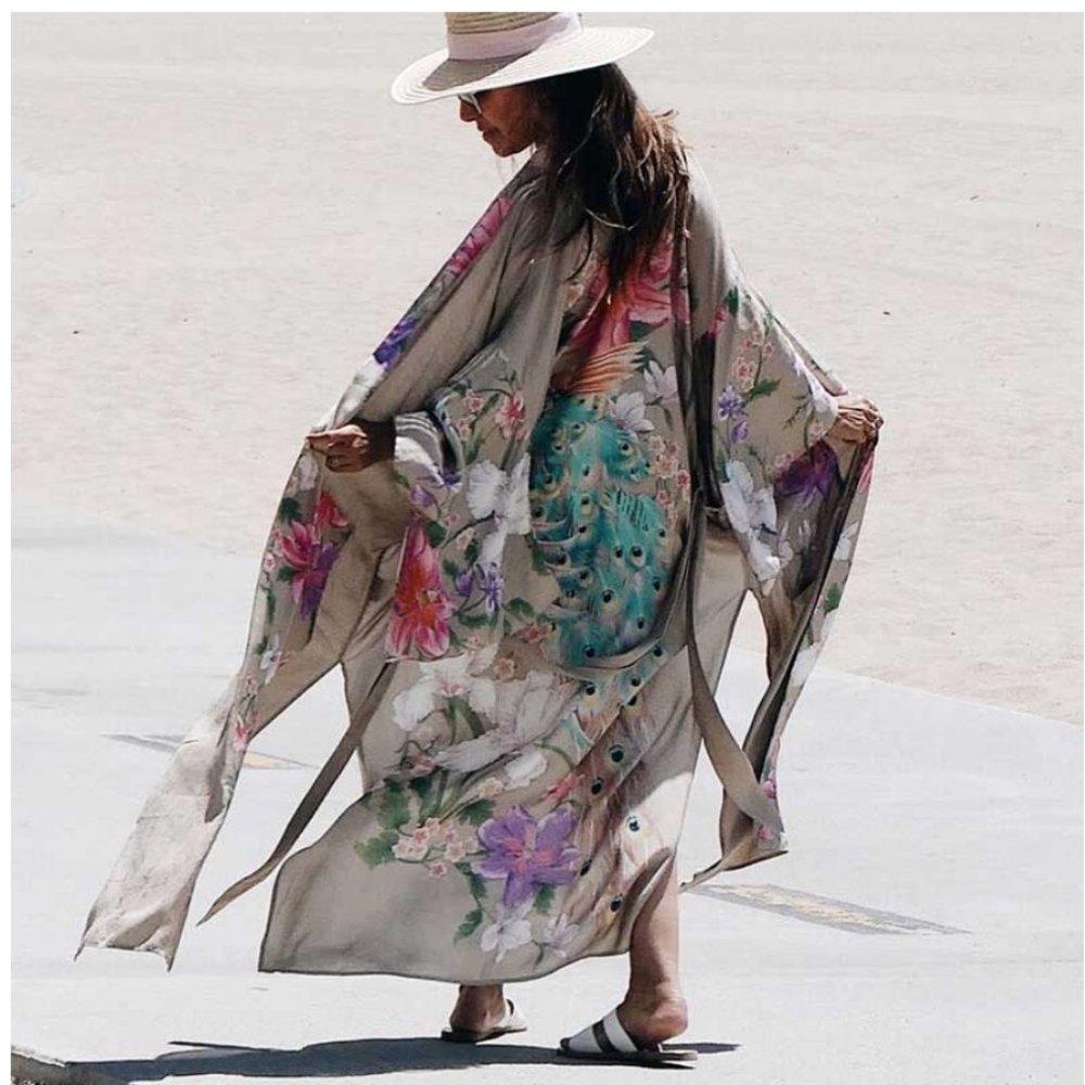 Boho Gypsy Tan Floral Peacock Kimono Cover up Duster - Picture 4 of 8